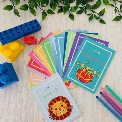Kids Positive Affirmation cards, bright and colourful with positive words and designs
